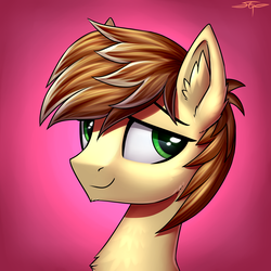 Size: 3000x3000 | Tagged: safe, artist:setharu, feather bangs, earth pony, pony, g4, bust, ear fluff, gradient background, high res, looking away, looking back, male, portrait, signature, smiling, solo, stallion