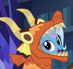 Size: 284x268 | Tagged: safe, screencap, trixie, pony, unicorn, g4, uncommon bond, clothes, costume, cropped, cute, diatrixes, dragon costume, female, glowing horn, horn, looking at you, magic, mare, open mouth, smiling, solo, telekinesis