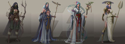 Size: 1024x363 | Tagged: safe, artist:sunset tide, princess celestia, elf, human, light elf, wood elf, g4, air elf, archer, archmage, armor, bow, chinese, compilation, egyptian, elf ears, gradient background, greek helmet, hairpin, humanized, mage, sand elf, spear, staff, sword, unicorns as elves, wadjet, watermark, weapon