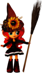 Size: 405x692 | Tagged: safe, artist:whatthehell!?, edit, sunset shimmer, equestria girls, g4, boots, broom, clothes, doll, equestria girls minis, flower, halloween, hat, holiday, irl, photo, shoes, skirt, toy, witch