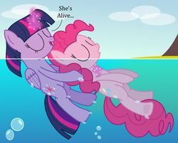 Size: 2800x2250 | Tagged: safe, artist:bladedragoon7575, pinkie pie, twilight sparkle, alicorn, earth pony, pony, g4, bubble, female, high res, mare, rescue, simple background, swimming, twilight sparkle (alicorn), unconscious
