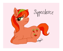 Size: 1396x1134 | Tagged: safe, artist:darkangelpuppet01, pepperdance, earth pony, pony, g4, cute, female, freckles, headband, looking at you, lying down, name, pepperbetes, solo