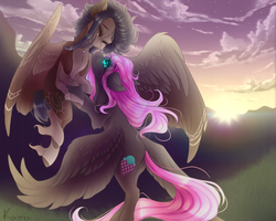 Size: 2000x1600 | Tagged: safe, artist:skimea, oc, oc only, oc:cream cloud, oc:kama, pegasus, pony, colored wings, colored wingtips, duo, eyes closed, female, flying, large wings, mare, sunrise, unshorn fetlocks, wings