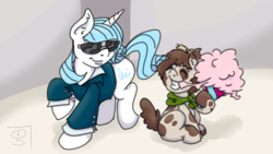 Size: 2560x1440 | Tagged: safe, artist:dimvitrarius, oc, oc only, oc:frostflow, oc:guttersnipe, earth pony, pony, unicorn, blank flank, business suit, businessmare, cotton candy, cutie mark, simple background, sitting, smiling, sunglasses