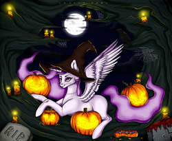 Size: 2593x2131 | Tagged: safe, artist:lovely-pony, princess celestia, alicorn, pony, princess molestia, g4, candle, female, full moon, halloween, hat, high res, holiday, jack-o-lantern, mare, moon, night, pumpkin, solo, tree, witch hat