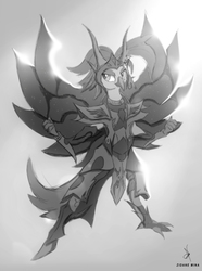 Size: 1041x1398 | Tagged: safe, artist:zidanemina, captain celaeno, anthro, g4, my little pony: the movie, armor, crossover, monochrome, saint seiya, solo