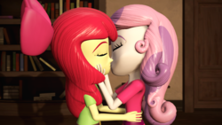 Size: 1920x1080 | Tagged: safe, artist:razethebeast, apple bloom, sweetie belle, equestria girls, g4, 3d, clothes, eyes closed, female, kiss on the lips, kissing, lesbian, ship:sweetiebloom, shipping, source filmmaker
