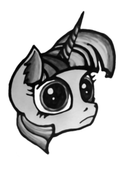 Size: 1836x2564 | Tagged: safe, artist:insanus.ad, twilight sparkle, pony, unicorn, g4, bust, dilated pupils, faic, female, head only, looking at you, mare, monochrome, portrait, simple background, smirk, solo, transparent background, twiface