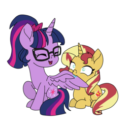 Size: 1000x1000 | Tagged: safe, artist:chautung, sci-twi, sunset shimmer, twilight sparkle, alicorn, pony, unicorn, equestria girls, g4, :3, biting, chewing, eating, equestria girls ponified, eyes closed, female, glasses, lesbian, mare, nibbling, open mouth, ponified, raised hoof, sci-twilicorn, ship:sci-twishimmer, ship:sunsetsparkle, shipping, silly, silly pony, simple background, white background, wing bite