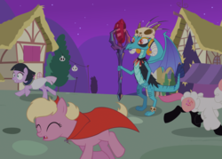 Size: 900x645 | Tagged: safe, artist:queencold, princess ember, oc, dragon, lamb, sheep, g4, bloodstone scepter, clothes, costume, nightmare night, ponyville, reference, running, scared, skull