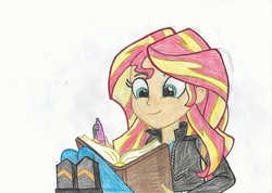 Size: 2336x1660 | Tagged: safe, artist:cybertronianbrony, sunset shimmer, equestria girls, g4, my little pony equestria girls: friendship games, clothes, cute, female, jacket, journal, leather jacket, pants, pen, scene interpretation, shimmerbetes, simple background, sitting, smiling, solo, traditional art, white background