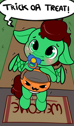 Size: 1225x2100 | Tagged: safe, artist:uniamoon, oc, oc only, oc:northern haste, pony, semi-anthro, baby, baby pony, blushing, cute, diaper, foal, halloween, holiday, pacifier, pumpkin bucket, shy, solo, trick or treat, ych result