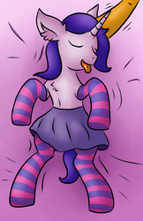 Size: 1392x2143 | Tagged: safe, artist:raktor, oc, oc only, oc:northern flame, pony, unicorn, chest fluff, clothes, crossdressing, ear fluff, ear scratch, eyes closed, femboy, male, offscreen character, on back, pet play, skirt, socks, stallion, striped socks, tongue out