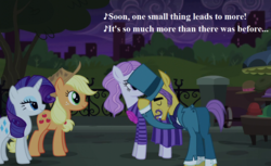 Size: 1100x675 | Tagged: safe, edit, edited screencap, editor:korora, screencap, applejack, art vandelhay, rarity, viola (g4), earth pony, pony, unicorn, g4, made in manehattan, my little pony: the movie, applejack's damaged hat, applejack's hat, background pony, bowing, bronclyn, cowboy hat, cropped, facial hair, female, hat, hat tip, lyrics, male, manehattan, mare, moustache, one small thing, park, song reference, stallion, text, top hat