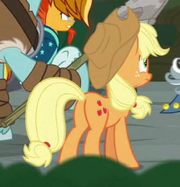 Size: 180x187 | Tagged: safe, screencap, applejack, rockhoof, star swirl the bearded, sunburst, earth pony, pony, unicorn, g4, shadow play, applebutt, butt, cropped, female, male, mare, plot, stallion