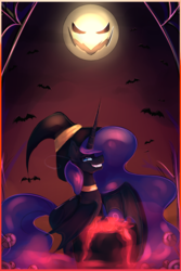 Size: 1000x1500 | Tagged: safe, artist:nutellaakanutella, nightmare moon, alicorn, bat, pony, g4, cauldron, female, full moon, grin, hat, mare, moon, smiling, solo, witch hat