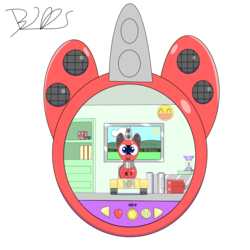 Size: 2000x2000 | Tagged: safe, artist:trackheadtherobopony, oc, oc only, oc:trackhead, pony, robot, robot pony, apple, bedroom, book, charging pad, coin, food, high res, lamp, smiley face, tamagotchi, tennis ball, truck, window