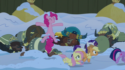 Size: 1280x720 | Tagged: safe, screencap, applejack, fluttershy, pinkie pie, prince rutherford, rarity, twilight sparkle, yvette, alicorn, earth pony, pegasus, pony, unicorn, yak, g4, not asking for trouble, female, male, mare, sleeping, twilight sparkle (alicorn), unnamed character, unnamed yak
