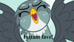 Size: 640x360 | Tagged: safe, edit, edited screencap, editor:korora, screencap, gabby, griffon, g4, the fault in our cutie marks, bust, cute, eyes closed, female, gabbybetes, happy, open mouth, portrait, reaction image, solo
