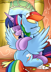 Size: 2480x3507 | Tagged: safe, artist:twidasher, rainbow dash, twilight sparkle, alicorn, pegasus, pony, g4, duo, female, high res, horn, hug, lesbian, messy, ship:twidash, shipping, wings