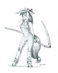 Size: 1100x1389 | Tagged: safe, artist:baron engel, apple bloom, earth pony, anthro, unguligrade anthro, g4, breasts, busty apple bloom, clothes, female, grayscale, mare, monochrome, older, older apple bloom, pencil drawing, scythe, simple background, sketch, smiling, traditional art, white background