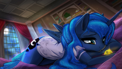 Size: 2800x1575 | Tagged: safe, artist:fidzfox, princess luna, alicorn, anthro, luna's determination, g4, bed, bedroom, bell, bottomless, clothes, cute, drapes, ethereal hair, ethereal mane, ethereal tail, eyelashes, female, flowing hair, flowing mane, flowing tail, folded wings, full moon, galaxy hair, galaxy mane, galaxy tail, high res, horn, indoors, looking at something, lunabetes, mare, moon, night, nightgown, on bed, partial nudity, puffy sleeves, sad, solo, tail, wallpaper, window, wings