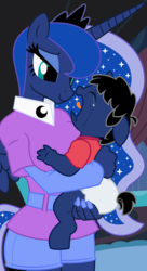 Size: 6000x11000 | Tagged: safe, artist:evilfrenzy, princess luna, oc, oc:frenzy, anthro, g4, absurd resolution, age regression, anthro oc, baby, crying, diaper, foal, fruna, male, maternaluna, younger