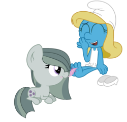 Size: 1584x1516 | Tagged: safe, artist:lauraselenaantonia, marble pie, pony, g4, adorable face, chibi, clothes, crossover, cute, daaaaaaaaaaaw, dress, feather, marblebetes, mouth hold, simple background, smurfette, summer dress, sundress, the smurfs, tickling, transparent background, white dress