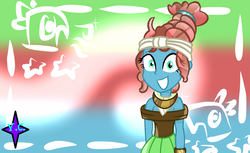 Size: 1288x788 | Tagged: safe, alternate version, artist:yaycelestia0331, meadowbrook, equestria girls, g4, beehive hairdo, clothes, dork, dress, equestria girls-ified, female, grin, meadowcute, nervous, nervous smile, sleeveless, smiling, solo, wide eyes