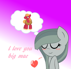 Size: 1090x1056 | Tagged: safe, artist:lauraselenaantonia, big macintosh, marble pie, earth pony, pony, g4, female, heart, male, ship:marblemac, shipping, straight, thought bubble