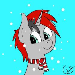 Size: 768x768 | Tagged: safe, artist:gamer-shy, oc, oc only, oc:tenebra solanum, clothes, grey fur, profile picture, scarf, simple background, snow, spikey mane, winter