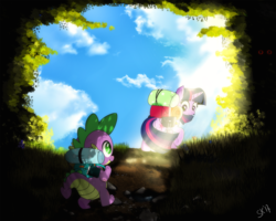 Size: 1328x1062 | Tagged: safe, artist:dsana, spike, twilight sparkle, alicorn, dragon, pony, g4, backpack, cloud, crepuscular rays, female, grass, looking back, male, mare, raised hoof, saddle bag, sky, smiling, travelling, twilight sparkle (alicorn), underhoof