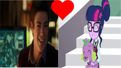 Size: 960x540 | Tagged: safe, edit, edited screencap, screencap, sci-twi, spike, spike the regular dog, twilight sparkle, dog, equestria girls, g4, my little pony equestria girls: friendship games, barry allen, canon x irl human, shipping, shipping domino, superhero, the flash, wrong aspect ratio