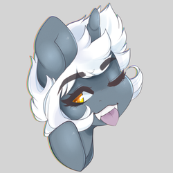 Size: 540x540 | Tagged: safe, artist:ask-ange, oc, oc only, pony, unicorn, bust, female, gray background, gray coat, looking at you, mare, one eye closed, simple background, solo, tongue out, white mane, wink