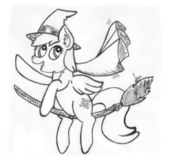 Size: 920x845 | Tagged: safe, artist:darius-101, oc, oc only, pegasus, pony, broom, cape, clothes, female, flying, flying broomstick, halloween, hat, holiday, monochrome, solo, witch, witch hat