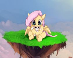 Size: 2500x2000 | Tagged: safe, artist:miokomata, angel bunny, fluttershy, pegasus, pony, cloud, cloudy, cute, fangs, female, floating island, holding, hug, looking down, mare, shyabetes, signature, sitting, sky, spread wings, uncomfortable, wings