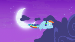 Size: 1280x720 | Tagged: safe, screencap, rainbow dash, pony, g4, not asking for trouble, cloud, flying, moon, night