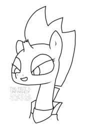 Size: 1446x2129 | Tagged: safe, artist:moonatik, derpibooru exclusive, tempest shadow, g4, my little pony: the movie, armor, clothes, evil smile, female, grin, jacket, lineart, monochrome, preview, scene interpretation, smiling, solo, wip