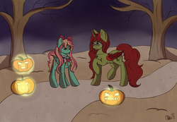 Size: 1024x707 | Tagged: safe, artist:xaik0x, oc, oc only, oc:green mystery, oc:sunrise me, halloween, holiday