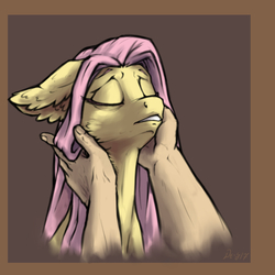 Size: 3000x3000 | Tagged: safe, artist:danton-y17, fluttershy, human, pony, g4, cheek fluff, cute, ear fluff, eyes closed, floppy ears, hand, high res, human on pony petting, offscreen character, offscreen human, petting, shyabetes, simple background