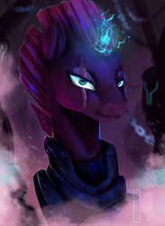 Size: 1236x1688 | Tagged: safe, artist:aelwyng, tempest shadow, pony, unicorn, g4, my little pony: the movie, armor, broken horn, eye scar, female, horn, looking at you, mare, scar, solo, sparking horn