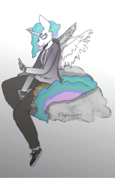 Size: 600x925 | Tagged: safe, artist:itzdatag0ndray, princess celestia, anthro, g4, adidas, clothes, cloud, female, gradient background, phone, shoes, short hair, solo