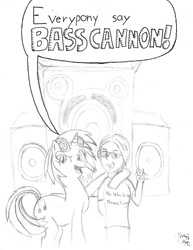 Size: 2532x3282 | Tagged: safe, artist:newguy, dj pon-3, vinyl scratch, human, g4, bass cannon, high res, jesse nowack, monochrome, sketch