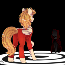 Size: 1750x1750 | Tagged: safe, artist:mkclaassicarts, oc, oc only, oc:melody (potion mare), oc:one (potion mare), pegasus, pony, fanfic:potion mare, alchemist, alternate dimension, clothes, digital art, duo, duo female, fanfic, fanfic art, female, folded wings, frown, hidden eyes, hood, long tail, mare, purple eyes, raised hoof, rear view, robe, self ponidox, shadow, standing, tail, tail hole, time travel