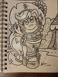 Size: 1024x1365 | Tagged: safe, artist:yoshimarsart, applejack, earth pony, pony, g4, clothes, costume, female, monochrome, nightmare night costume, scarecrow, solo, traditional art