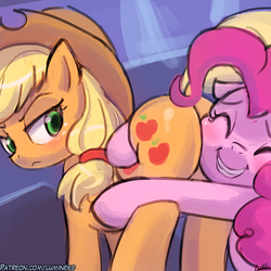 Size: 750x750 | Tagged: safe, artist:lumineko, applejack, pinkie pie, earth pony, pony, g4, season 7, shadow play, applebutt, applejack is not amused, blushing, butt, butt touch, butthug, cowboy hat, cutie mark, dock, duo, eyes closed, faceful of ass, female, freckles, hat, hoof on butt, hug, looking back, mare, pinkie hugging applejack's butt, plot, scene interpretation, smiling, squishy, squishy cheeks, stetson, this will end in pain, unamused
