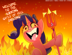 Size: 1300x1000 | Tagged: safe, artist:lennonblack, rarity, devil, pony, unicorn, fame and misfortune, g4, the saddle row review, cutie mark accessory, darling, derp, devil horns, devil rarity, dialogue, evil counterpart, faic, fangs, female, fire, hell, open mouth, rarisnap, solo, tongue out, trident, we've gone to hell, weapon, why i'm creating a gown darling