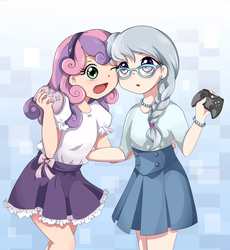 Size: 6900x7500 | Tagged: safe, artist:autumn rush, silver spoon, sweetie belle, human, fanfic:this game of mine, g4, absurd resolution, bow, braid, child, clothes, controller, cute, diasweetes, duo, fanfic, fanfic art, female, glasses, hairband, humanized, lesbian, looking at you, petticoat, pleated skirt, ship:silverbelle, shipping, silverbetes, simple background, skirt, this game of mine, video game