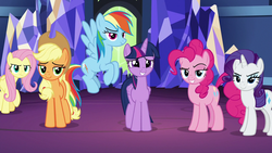 Size: 1280x720 | Tagged: safe, screencap, applejack, fluttershy, pinkie pie, rainbow dash, rarity, twilight sparkle, alicorn, earth pony, pegasus, pony, unicorn, g4, shadow play, female, mane six, mare, twilight sparkle (alicorn)