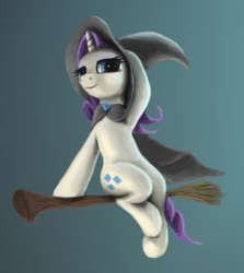 Size: 1891x2120 | Tagged: safe, artist:odooee, rarity, pony, unicorn, g4, broom, female, flying, flying broomstick, hat, mare, smiling, solo, witch, witch hat